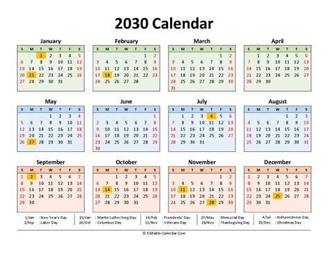 Download 2030 Printable Calendar Free With Us Holidays, weeks start on ...