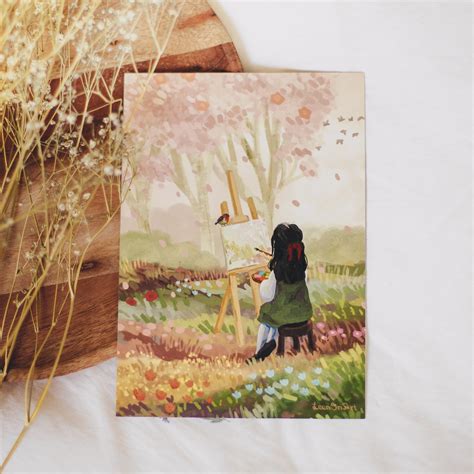 A5 // painting Cherry Blossoms Cottage Girl at - Etsy