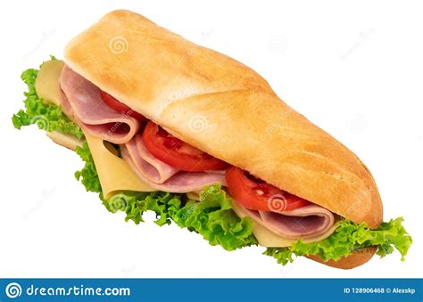 Fresh Baguette Sandwich with Ham, Cheese, Tomatoes, and Lettuce Stock ...