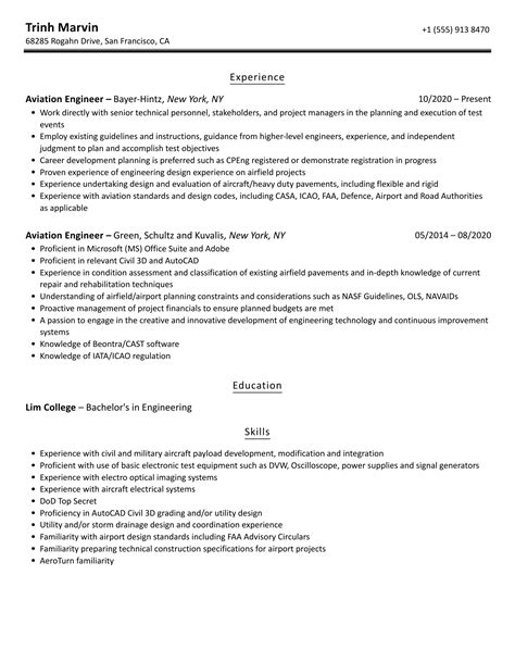 Aviation Engineer Resume Samples | Velvet Jobs