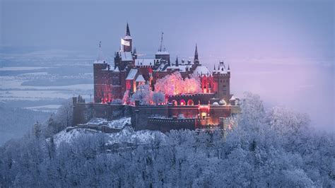 Wallpaper : Castle Hohenzollern, snow, Germany, winter, sky, mist ...