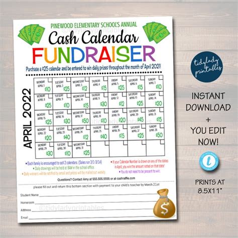 Cash Calendar Fundraiser Flyer, Printable Handout Take Home Fundraiser Event Sheet, Church ...