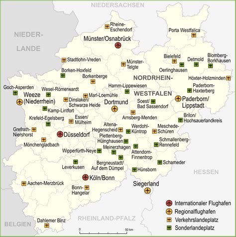 Map of airports in North Rhine-Westphalia - Ontheworldmap.com