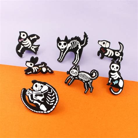 Animal skeleton dark brooch cat fish dog bone rabbit skeleton bird skull enamel brooch clothes ...