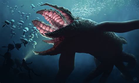 1920x1080 digital art underwater fish fangs anglerfish lights divers ...