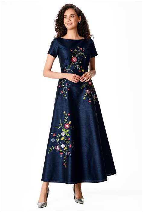 Shop Floral embroidery dupioni maxi dress | eShakti