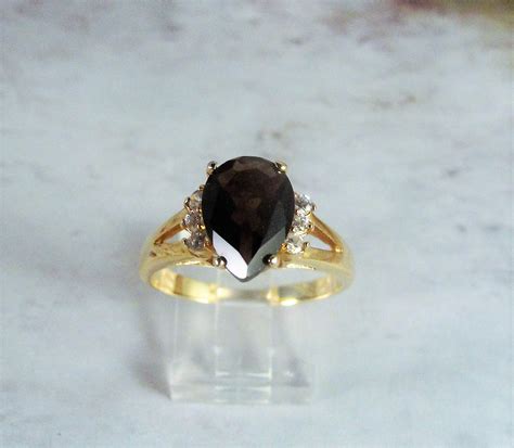 Brown Topaz Ring, Pear Shaped Brown Topaz Colored Gem, 6 Austrian Crystal Clear Round Accent ...