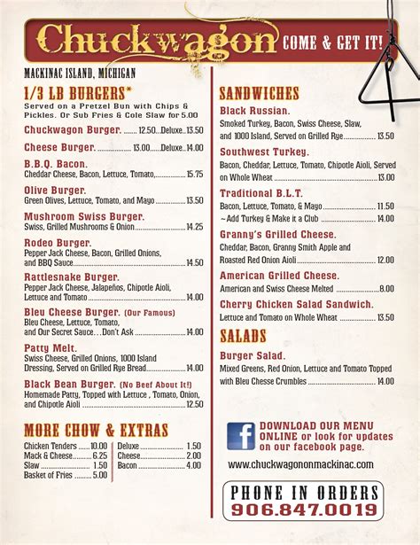 Enjoy our delicious menu items and specials at the Chuckwagon Restaurant on Mackinac Island ...