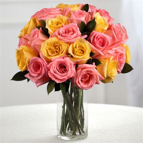 Bouquet 'Two Dozen Pink and Yellow Roses' | Order Flower Bouquets Delivery