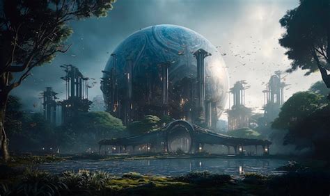 Premium AI Image | Artist's futuristic city conceptual art and lush garden with spaceship sphere ...