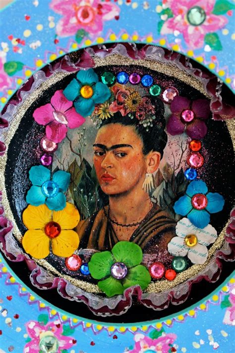 Frida Kahlo Mexican style round shadow box // summer flowers rainbow ...