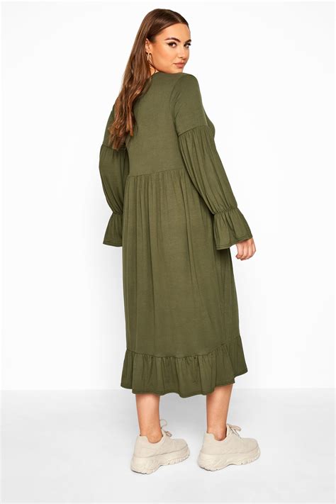 LIMITED COLLECTION Khaki Smock Tiered Sleeve Midi Dress | Yours Clothing