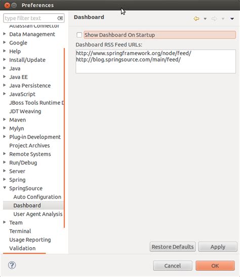 Disable dashboard on startup in Spring Tool Suite