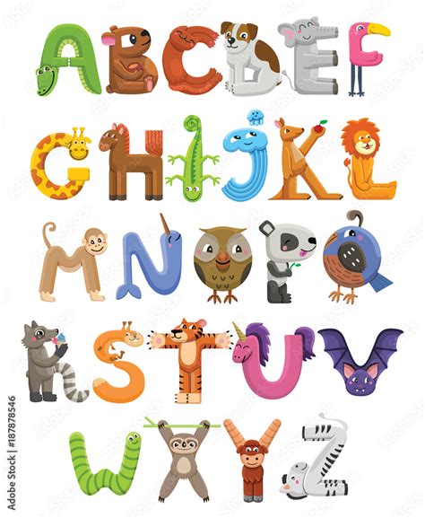 Zoo alphabet. Animal alphabet. Letters from A to Z. Cartoon cute animals isolated on white ...