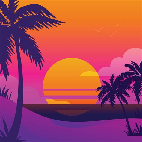 Colorful sunset on the tropical island. Beautiful ocean beach with palms illustration, Cartoon ...