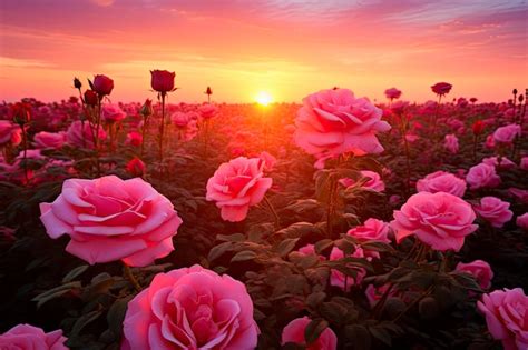 Premium Photo | Field of roses at sunset