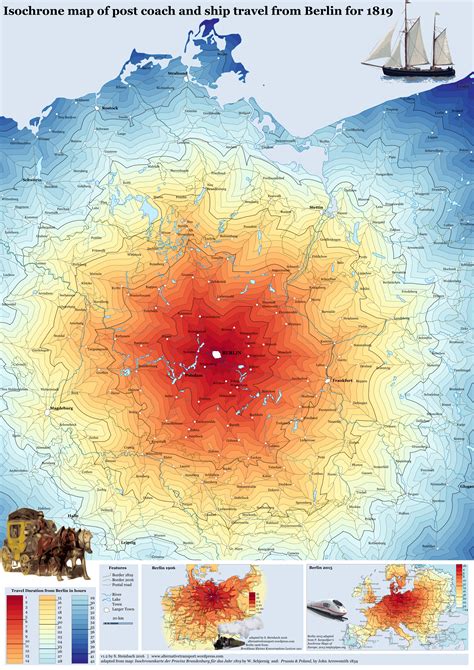 Isochrone map of post coach and ship travel from Berlin (1819) | Map ...