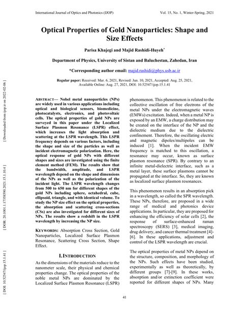 (PDF) Optical Properties of Gold Nanoparticles: Shape and Size Effects