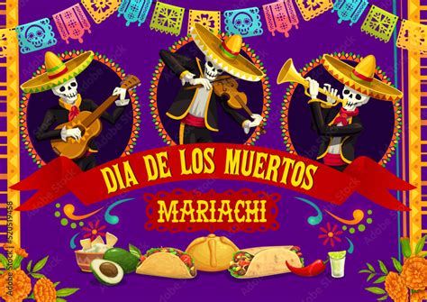 Mexican mariachi musicians, Dia de los Muertos day of dead festive ...