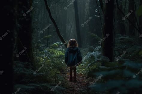 Premium Photo | Little girl walking in the dark mystery forest back ...