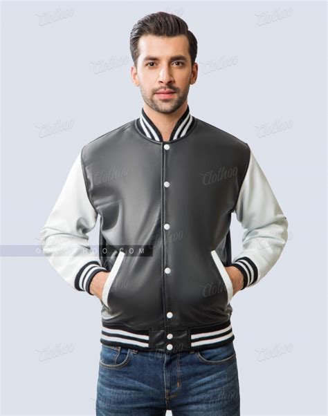 Sheep Skin Leather Varsity Jacket in Black and White | Clothoo