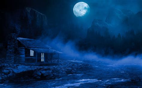 1920x1200 House Night Full Moon Fantasy Lake Flowing On Side 5k 1080P Resolution ,HD 4k ...