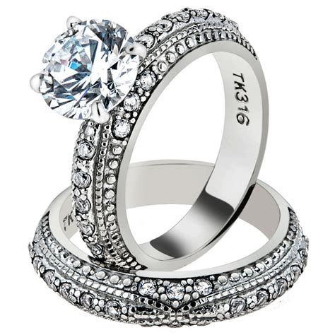 Stainless Steel 3.25 Ct Round Cut CZ Vintage Wedding Ring Set Women's Size 5-10 - MarimorJewelry.com