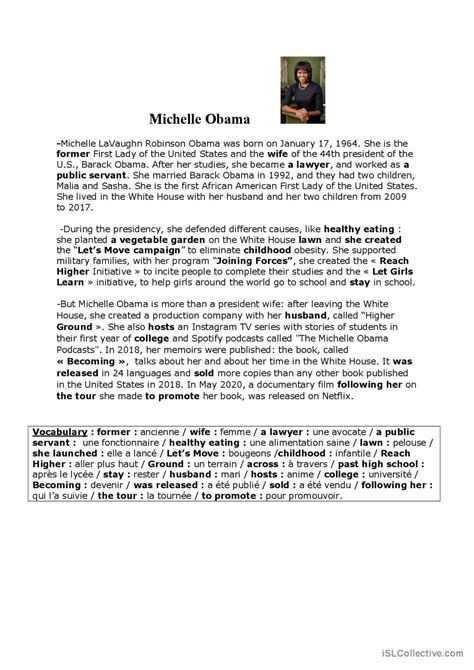 Michelle Obama: biography reading fo…: English ESL worksheets pdf & doc