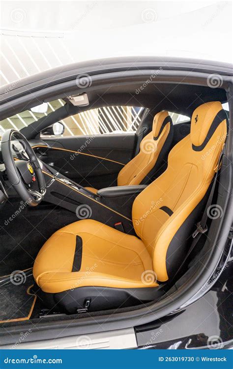 Vertical Shot of an Interior View of a Ferrari Roma with Orange Leather ...