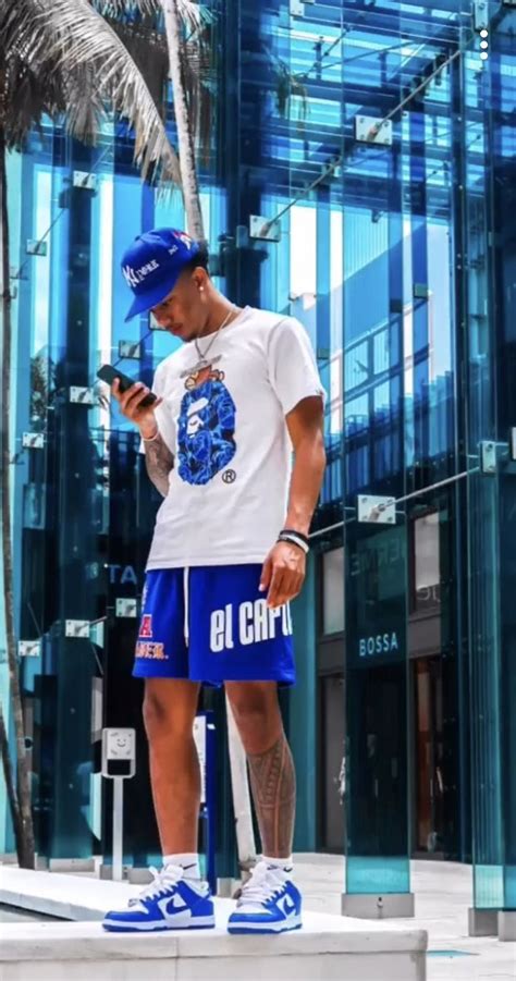 Blue themed Summer streetwear outfit. Blue Dunks White and Blue Bape #dunks #bape #streetwear ...