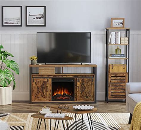 VASAGLE TV Cabinet with Fireplace, TV Stand for TVs up to 60 Inches, with Barn Doors, Adjustable ...