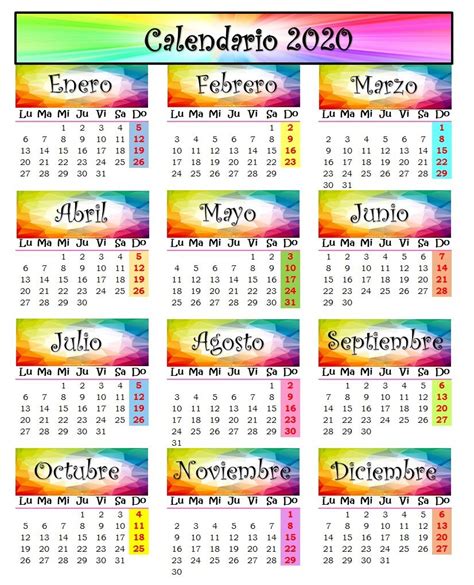 Calendario 2020 Para Imprimir En Espanol Para Ninos