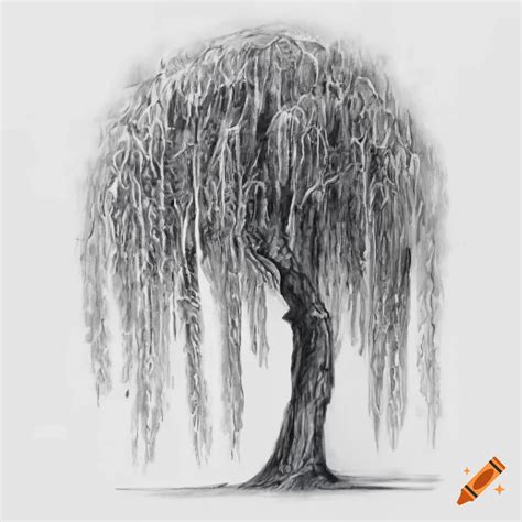 Detailed pencil drawing of a weeping willow tree on Craiyon