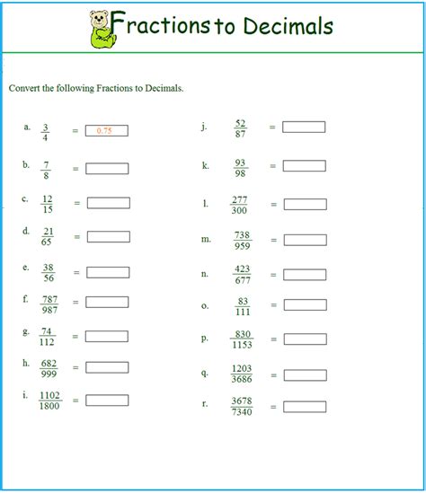 Worksheet on Fraction to Decimal