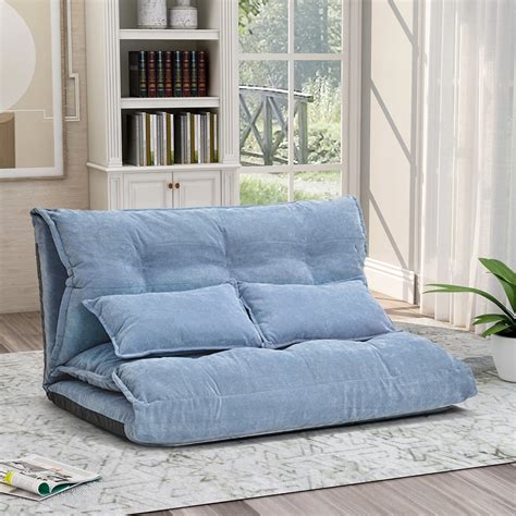 Blue Home Sofa Bed Adjustable Folding Futon Sofa Leisure Sofa Bed with Two Pillows Living Room ...