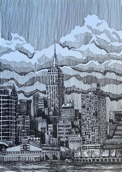 NYC Skyline Pen Drawing City Architecture Print Empire | Etsy