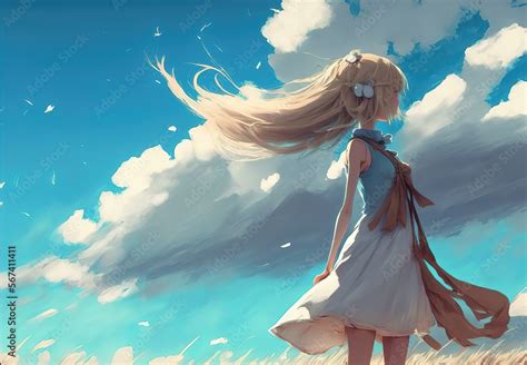 a wonderful modern anime girl with blonde hair in a field with clouds in the background ...