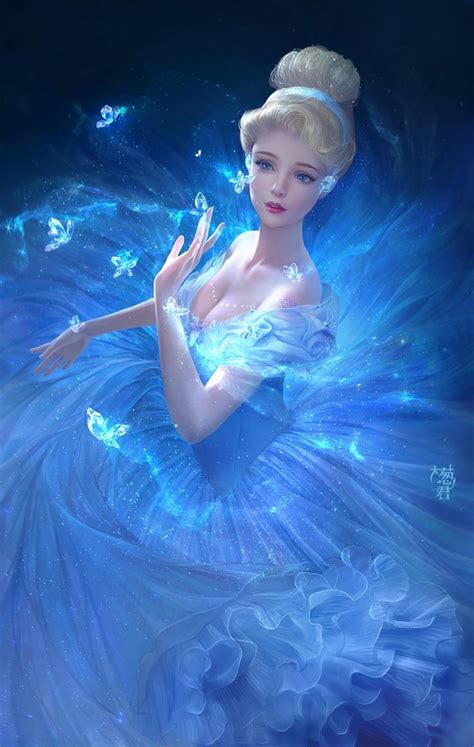 Cinderella blue color magic butterfly dress beautiful girl disney cartoons blue eyes wallpaper ...