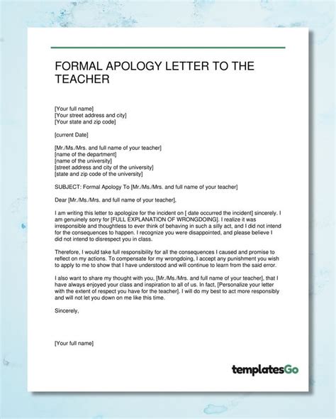 Formal Apology Letter To Teacher - Editable Template