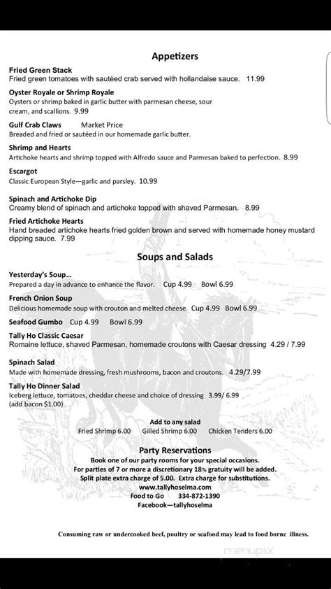 Menu of Tally-Ho Restaurant in Selma, AL 36701