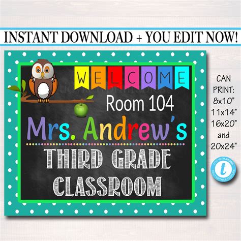 EDITABLE Printable Teacher Classroom Door Sign, Owl Classroom Decor, Elementary Teacher Door ...