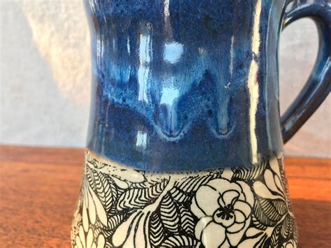 Handmade Pottery Mug With Flowers Blue Mug With Black and - Etsy