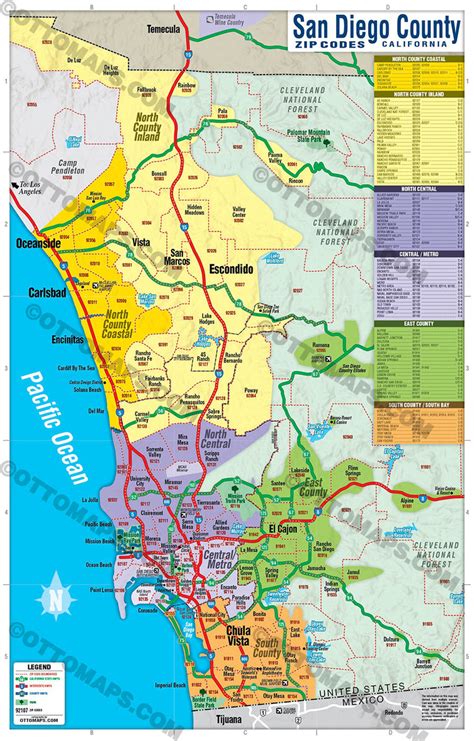 San Diego County Zip Code Map - COASTAL (County Areas colorized) – Otto Maps