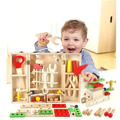 Wooden Carpenter Builder Building Kits Tool Box Construction Set Toy Boys Pretend Play Model ...