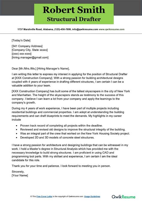 Structural Drafter Cover Letter Examples - QwikResume