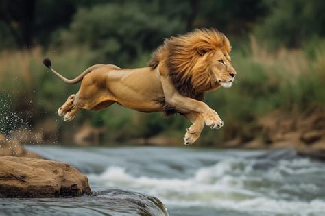 Premium Photo | A lion jumping over a river