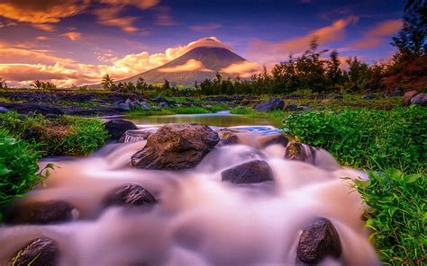 Sunset at Mount Mayon, The Daraga, Philippines, sunlight, rocks, mountain, river, HD wallpaper ...