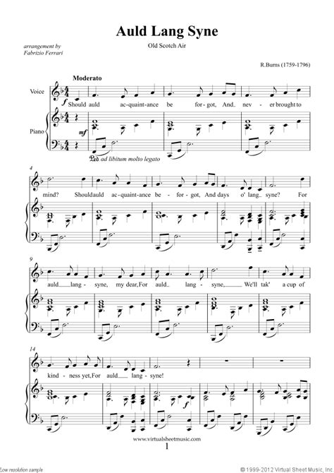 Burns - Auld Lang Syne sheet music for voice and piano [PDF] | Auld ...