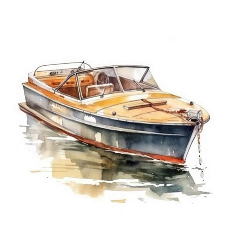 Premium AI Image | Watercolor sketch of a blue and brown boat with a motor.