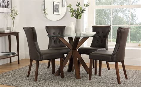 Hatton Round Dark Wood and Glass Dining Table with 4 Bewley Brown Leather Chairs | Furniture Choice